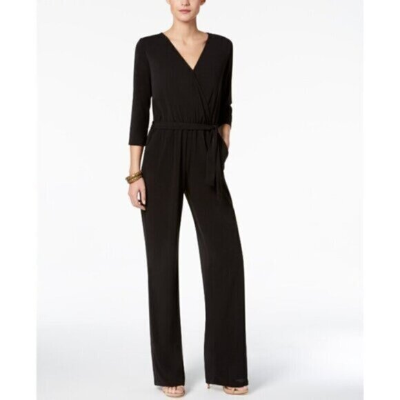 NY Collection Petite 3/4 Sleeve Belted Wide Leg Black Jumpsuit NWT - Picture 1 of 5